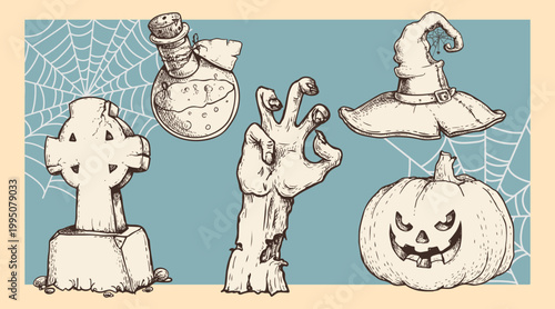 Hand drawn Halloween elements set in sketch carved style. Retro vintage engraved elements for seasonal designs. Vector illustrations collection.
