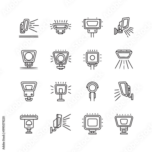 Various Studio Lighting Equipment Icons in Line Art Style Against White Background