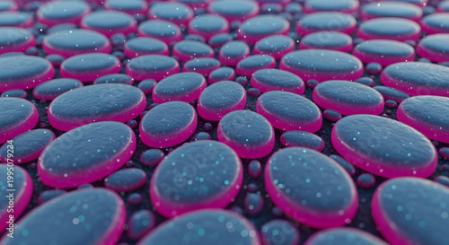 A vibrant particle system of glowing blue and pink orbs fills the scene with technology and science elements in a mesmerizing display.