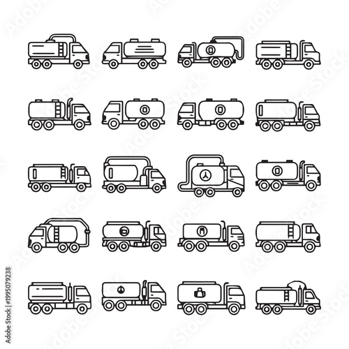 Various tanker trucks in a clean line art illustration for logistics and transportation concepts