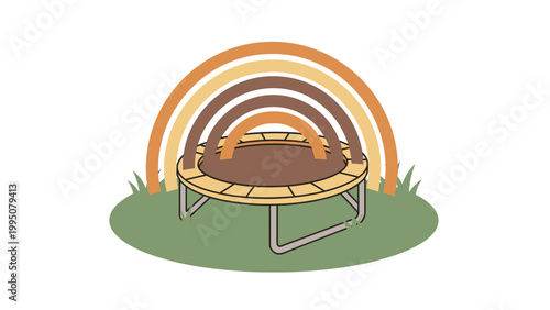 A circular trampoline sits on grass beneath a rainbow of earth tones