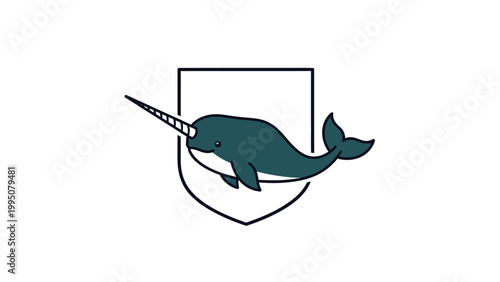 Minimalist dark teal narwhal with a single tusk emerges from a shield outline