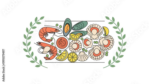 A platter of seafood, citrus slices, dipping sauce, and greenery