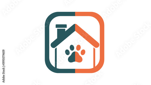 Stylized house icon with a paw print inside, split colors