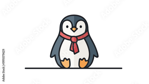 A cute, plump cartoon penguin with a red scarf is sitting