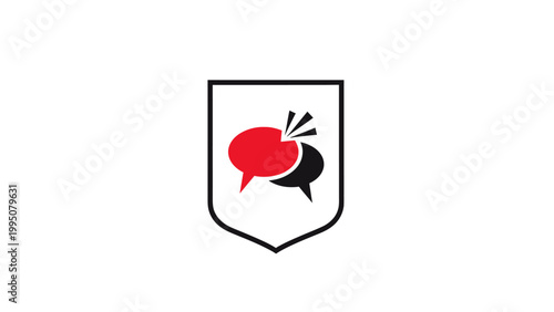 A black and red dialogue bubble design enclosed in a shield