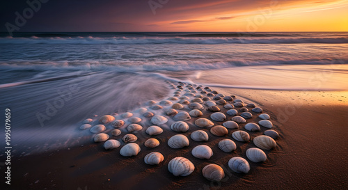 A serene beach scene at sunset features a geometric arrangement of stones on the shore with gentle waves and vibrant sky colors.