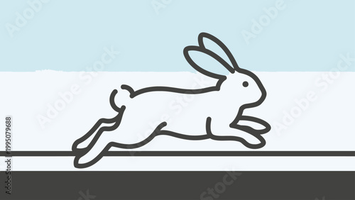 Minimalist line drawing of a white rabbit mid-leap across a dark line