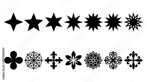 Star and Ornamental Shapes Vector Illustration with Geometric Silhouettes, Floral Motifs, Decorative Emblems, Symmetrical Pattern Artwork, Creative Design Elements Vector Art