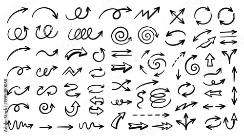 Hand‑Drawn Arrows Vector Illustration with Swirl Designs, Curved, Zigzag, Spiral Motion Symbols, Directional Graphic Artwork, Abstract Flow Pattern Vector Art