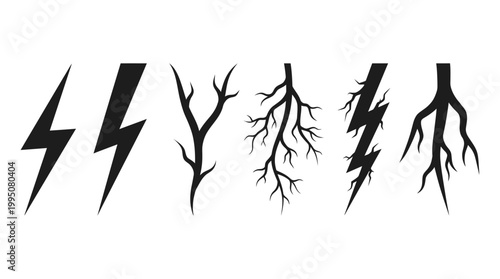 Lightning Bolt Silhouettes Vector Illustration with Electric Discharge Designs, Jagged Energy Patterns, Power Symbol Artwork, Thunderstorm Crack Effects, Dynamic Electricity Vector Art