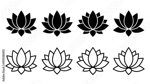   
Lotus Flower Icons Vector Illustration with Solid and Outline Designs, Floral Symbol, Purity, Enlightenment, Decorative Botanical Artwork, Elegant Nature Graphic Vector Art