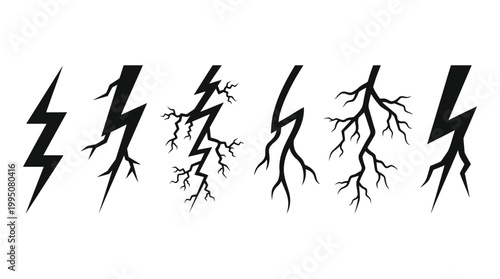 Lightning Bolt Silhouettes Vector Illustration with Electric Discharge Designs, Jagged Energy Patterns, Power Symbol Artwork, Thunderstorm Crack Effects, Dynamic Electricity Vector Art