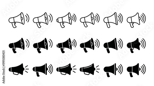 Megaphone Icons Vector Illustration with Solid, Outlined, Sound Wave Designs, Announcement Symbols, Alert Communication, Volume Projection, Digital Interface Graphic Vector Art
