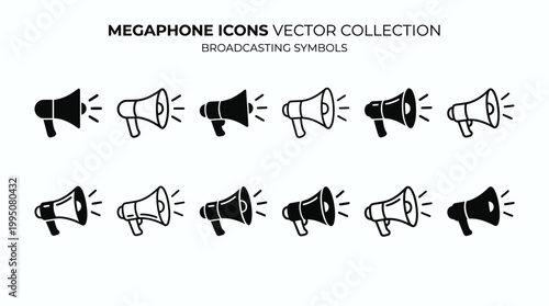 Megaphone Icons Vector Illustration with Solid, Outlined, Sound Wave Designs, Announcement Symbols, Alert Communication, Volume Projection, Digital Interface Graphic Vector Art