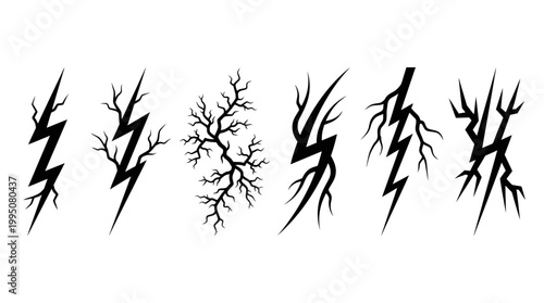 Lightning Bolt Silhouettes Vector Illustration with Electric Discharge Designs, Jagged Energy Patterns, Power Symbol Artwork, Thunderstorm Crack Effects, Dynamic Electricity Vector Art