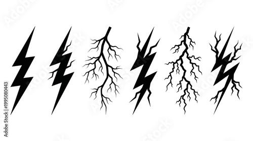 Lightning Bolt Silhouettes Vector Illustration with Electric Discharge Designs, Jagged Energy Patterns, Power Symbol Artwork, Thunderstorm Crack Effects, Dynamic Electricity Vector Art
