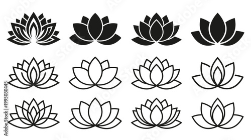   
Lotus Flower Icons Vector Illustration with Solid and Outline Designs, Floral Symbol, Purity, Enlightenment, Decorative Botanical Artwork, Elegant Nature Graphic Vector Art