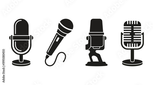 Microphone Silhouettes Vector Illustration with Vintage, Studio, Handheld, Corded Designs, Audio Recording Equipment, Broadcasting Icons, Music Sound Technology Vector Art