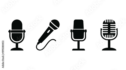 Microphone Silhouettes Vector Illustration with Vintage, Studio, Handheld, Corded Designs, Audio Recording Equipment, Broadcasting Icons, Music Sound Technology Vector Art
