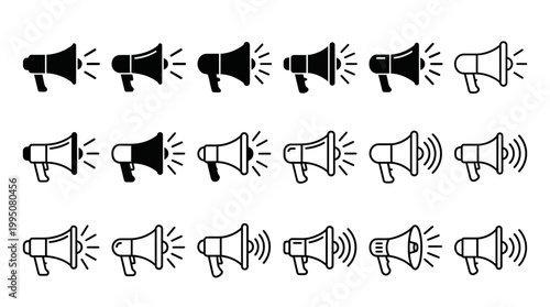Megaphone Icons Vector Illustration with Solid, Outlined, Sound Wave Designs, Announcement Symbols, Alert Communication, Volume Projection, Digital Interface Graphic Vector Art