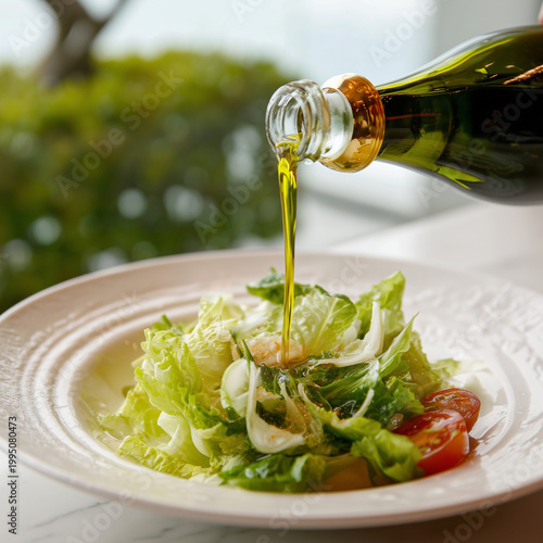 Pouring olive oil over fresh green salad