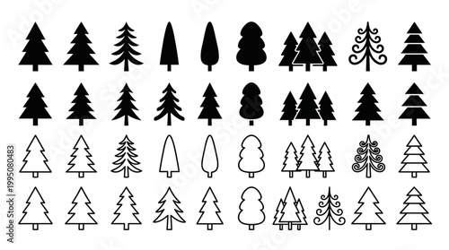 Pine Tree Icons Vector Illustration with Solid Silhouettes and Outlined Designs, Forest Nature Symbol, Evergreen Trees, Decorative Woodland Graphic, Botanical Vector Art