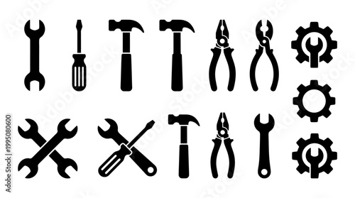 Mechanical Tools Vector Silhouette Illustration with Hammer, Wrench, Screwdrivers, Pliers, Saw, Gear Icons, Engineering Symbols, Construction Repair Equipment, Industrial Maintenance Vector Design