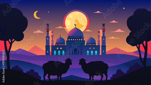 Pixel art style mosque with two sheep standing in front during a beautiful colorful sunset night