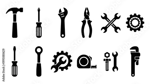 Mechanical Tools Vector Silhouette Illustration with Hammer, Wrench, Screwdrivers, Pliers, Saw, Gear Icons, Engineering Symbols, Construction Repair Equipment, Industrial Maintenance Vector Design