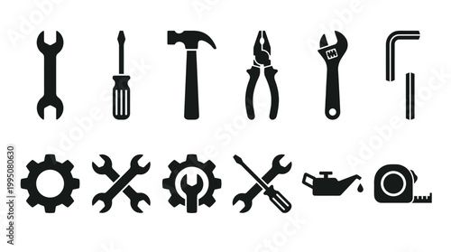 Mechanical Tools Vector Silhouette Illustration with Hammer, Wrench, Screwdrivers, Pliers, Saw, Gear Icons, Engineering Symbols, Construction Repair Equipment, Industrial Maintenance Vector Design