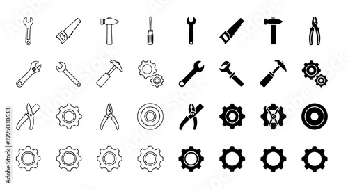 Tools Icons Vector – Outline & Solid Gear Set