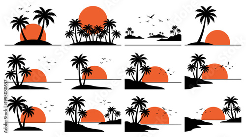 Tropical Island Sunset Vector Illustration with Palm Tree Silhouettes, Birds Flying, Orange Sun Horizon, Minimalist Landscape Art, Exotic Paradise Scene, Summer Beach Vacation Vector Design