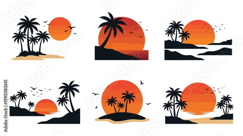 Tropical Island Sunset Vector Illustration with Palm Tree Silhouettes, Birds Flying, Orange Sun Horizon, Minimalist Landscape Art, Exotic Paradise Scene, Summer Beach Vacation Vector Design