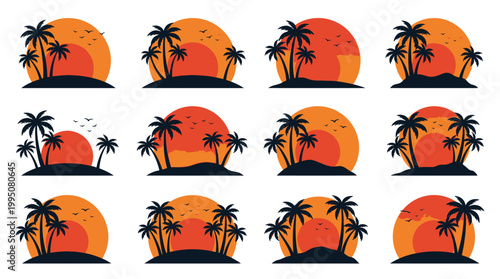 Tropical Island Sunset Vector Illustration with Palm Tree Silhouettes, Birds Flying, Orange Sun Horizon, Minimalist Landscape Art, Exotic Paradise Scene, Summer Beach Vacation Vector Design
