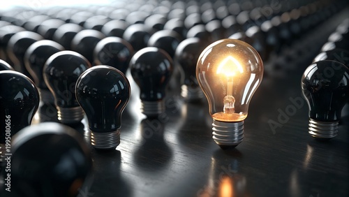 A single illuminated bulb shines among many dark bulbs, symbolizing uniqueness, leadership, innovation, and the power of standing out.