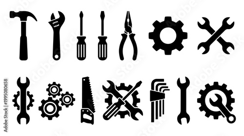 Mechanical Tools Vector Silhouette Illustration with Hammer, Wrench, Screwdrivers, Pliers, Saw, Gear Icons, Engineering Symbols, Construction Repair Equipment, Industrial Maintenance Vector Design
