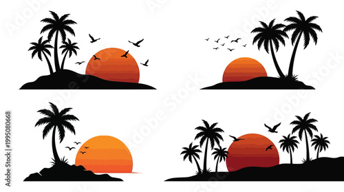 Tropical Island Sunset Vector Illustration with Palm Tree Silhouettes, Birds Flying, Orange Sun Horizon, Minimalist Landscape Art, Exotic Paradise Scene, Summer Beach Vacation Vector Design