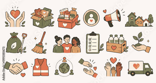 Community Volunteer Pack. Editable Icon Sheet Vector Set with community, volunteer, donation, helping hands, food box, heart, megaphone, neighborhood, cleanup, support, charity, teamwork