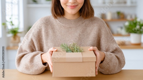 Woman with brown hair wearing a beige sweater holds a minimalist gift box adorned with greenery, sitting at a wooden table in a bright, modern kitchen setting