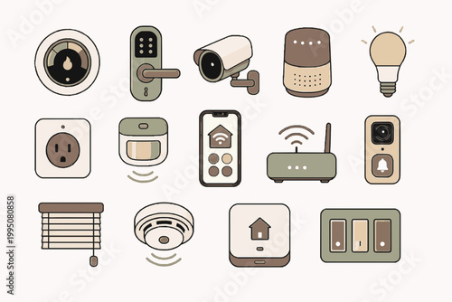 Smart Home Control Pack. Editable Icon Sheet Vector Set with smart home, thermostat, door lock, camera, speaker, light bulb, phone app, wifi, plug, home automation, sensor, control panel