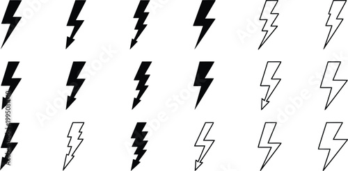 Collection of various lightning bolt vector graphic illustrations in black and white for design