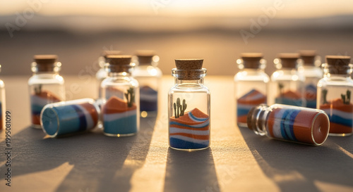Miniature glass bottles containing colorful layered desert sand art