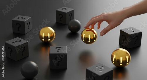 Hand choosing golden sphere with exclamation mark among black question cubes