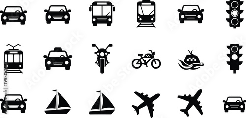 Collection of simple black vector icons representing various modes of transportation and traffic signals for design