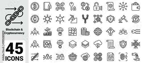 Blockchain and Cryptocurrency Infrastructure Icon Set; Vector Outline Symbols for Digital Asset Security Mining Wallets Smart Contracts Data Encryption and FinTech Development