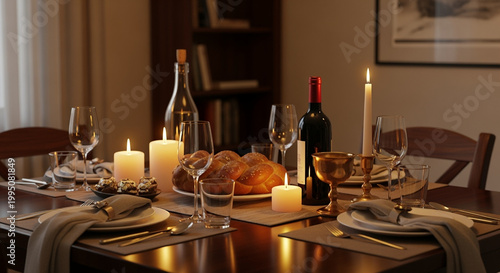 Shabbat dinner table with braided challah bread and wine glasses