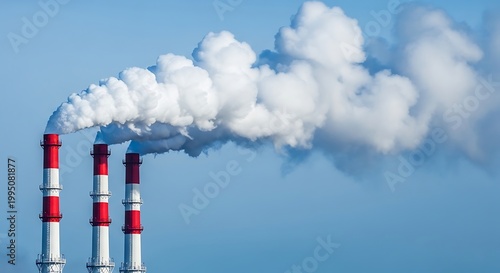 Industrial pollution smoke billows from factory chimneys against a bright blue sky