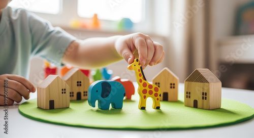 Child playing with wooden animal and house toys on table