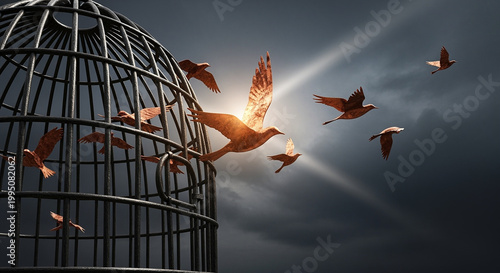 Flock of birds flying out of an open metal cage